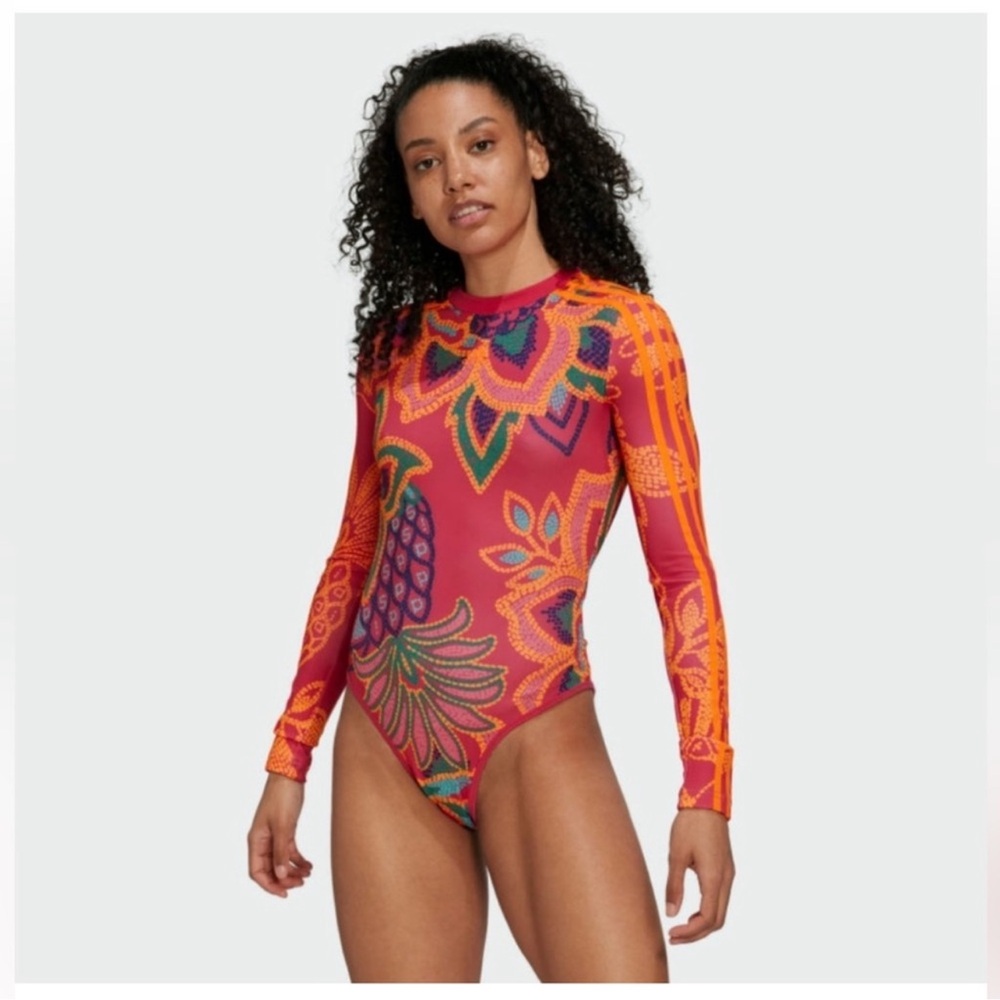 Adidas x Farm Rio Vivid Berry Long Sleeve Pink and Orange Patterned Bodysuit Top